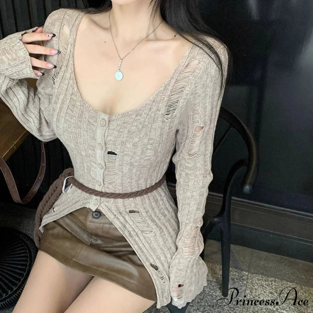 Retro Knitted Spring Long Sleeve Button Closure Slim Knit Top Khaki / One Size knittop-250126