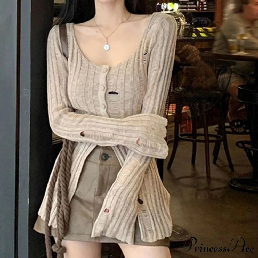 Retro Knitted Spring Long Sleeve Button Closure Slim Knit Top Khaki / One Size knittop-250126