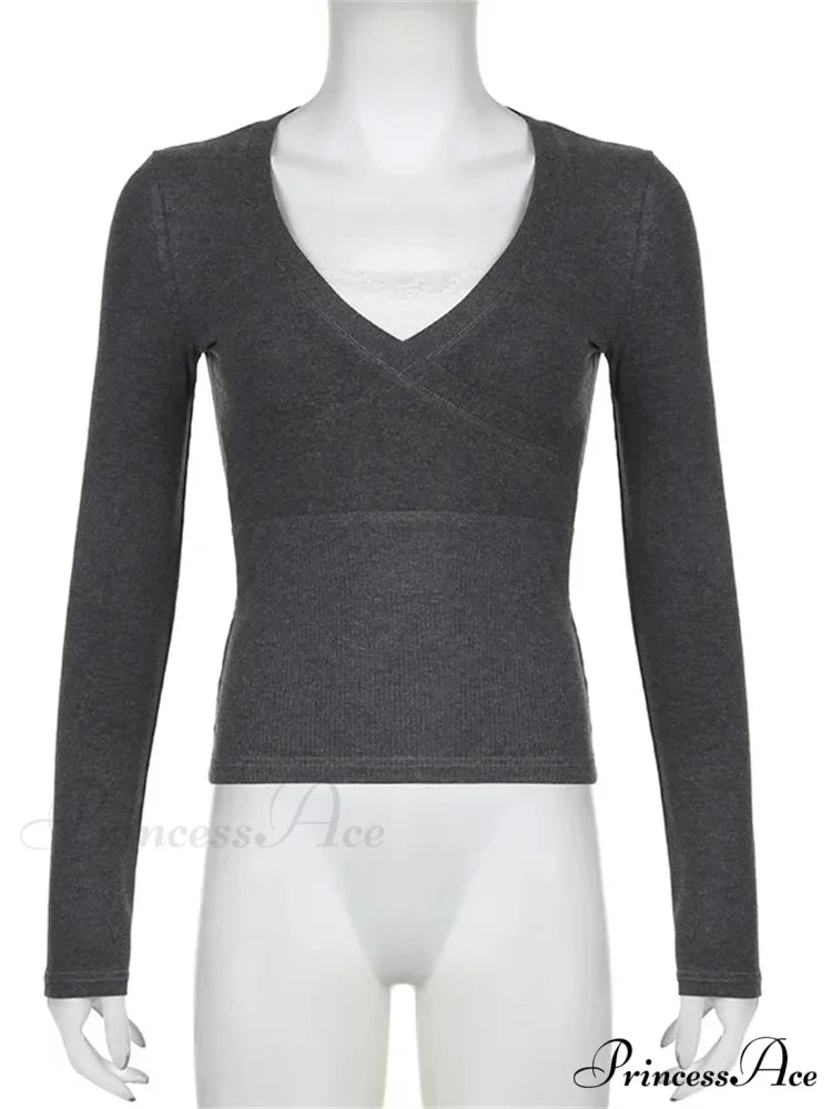 Retro Lace Patchwork Slim FitLong Sleeve V-Neck T-Shirts