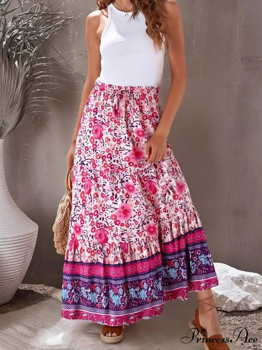 Retro Ladies Fringe Stretchy Bohemian Rose Floral Patterned Holiday Beach Skirt Pink / S skirt-250126