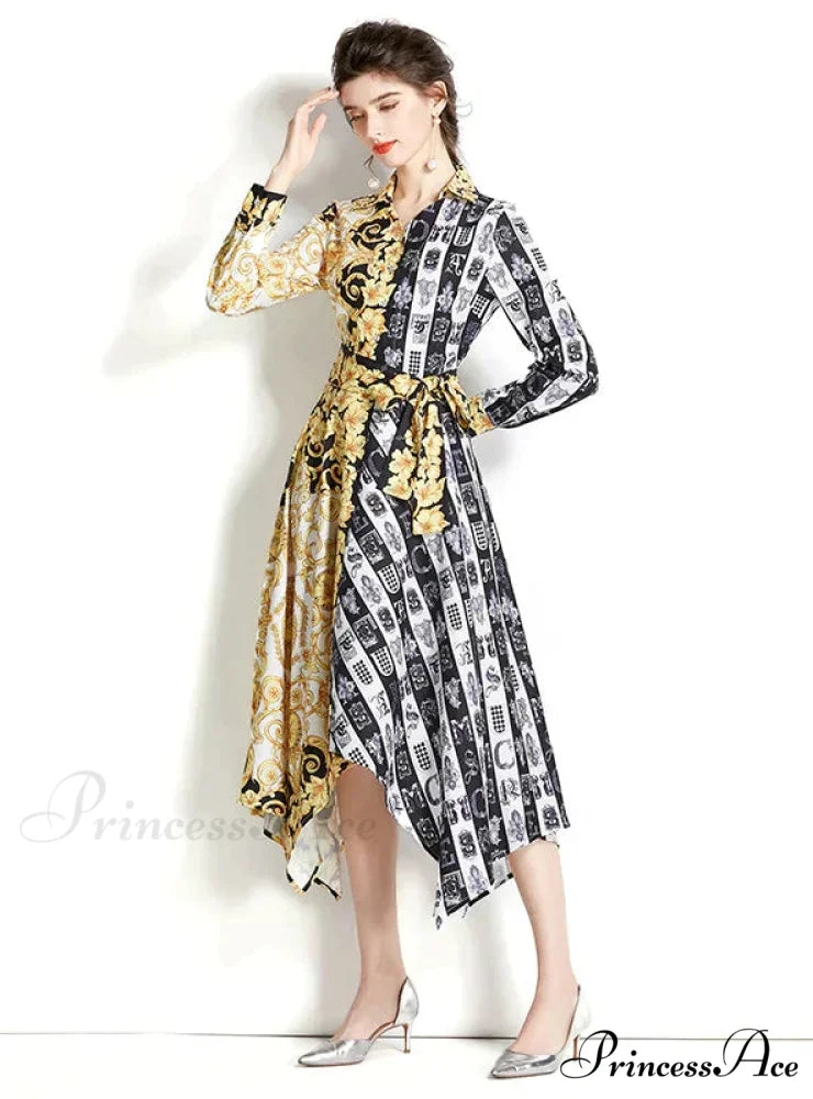Retro Long Sleeve Printed Irregular Dress