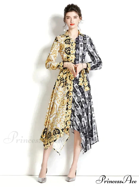 Retro Long Sleeve Printed Irregular Dress