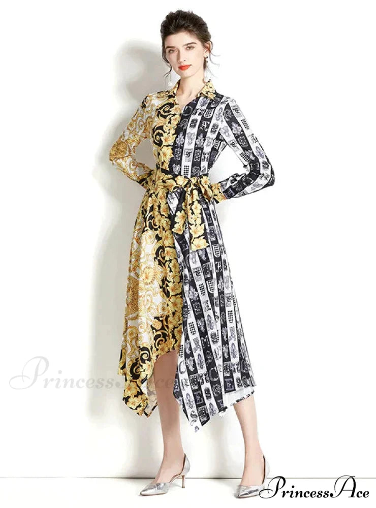 Retro Long Sleeve Printed Irregular Dress