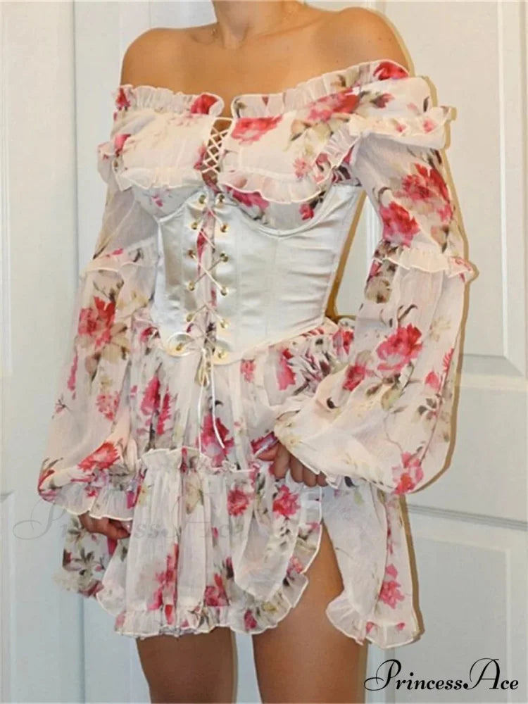 Retro Off-The-Shoulder Flared Bandage Floral Dress MULTI / S floraldress-250126