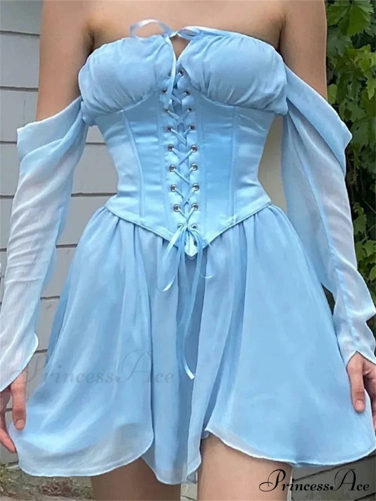 Retro Off-The-Shoulder Flared Bandage Floral Dress SKY BLUE / S floraldress-250126