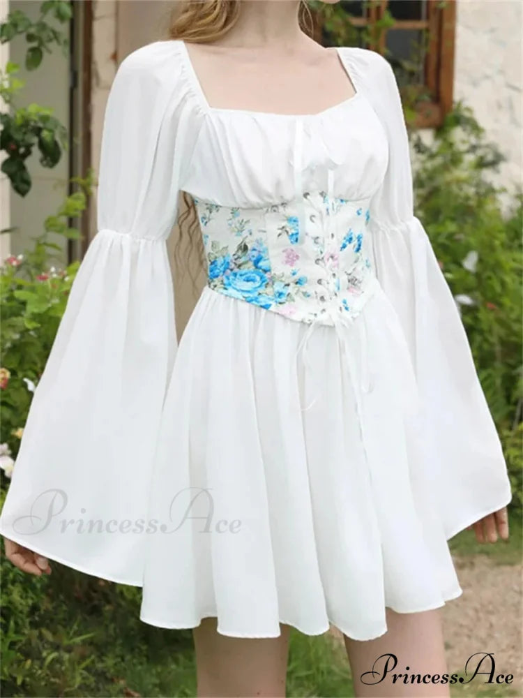 Retro Off-The-Shoulder Flared Bandage Floral Dress WHITE / S floraldress-250126
