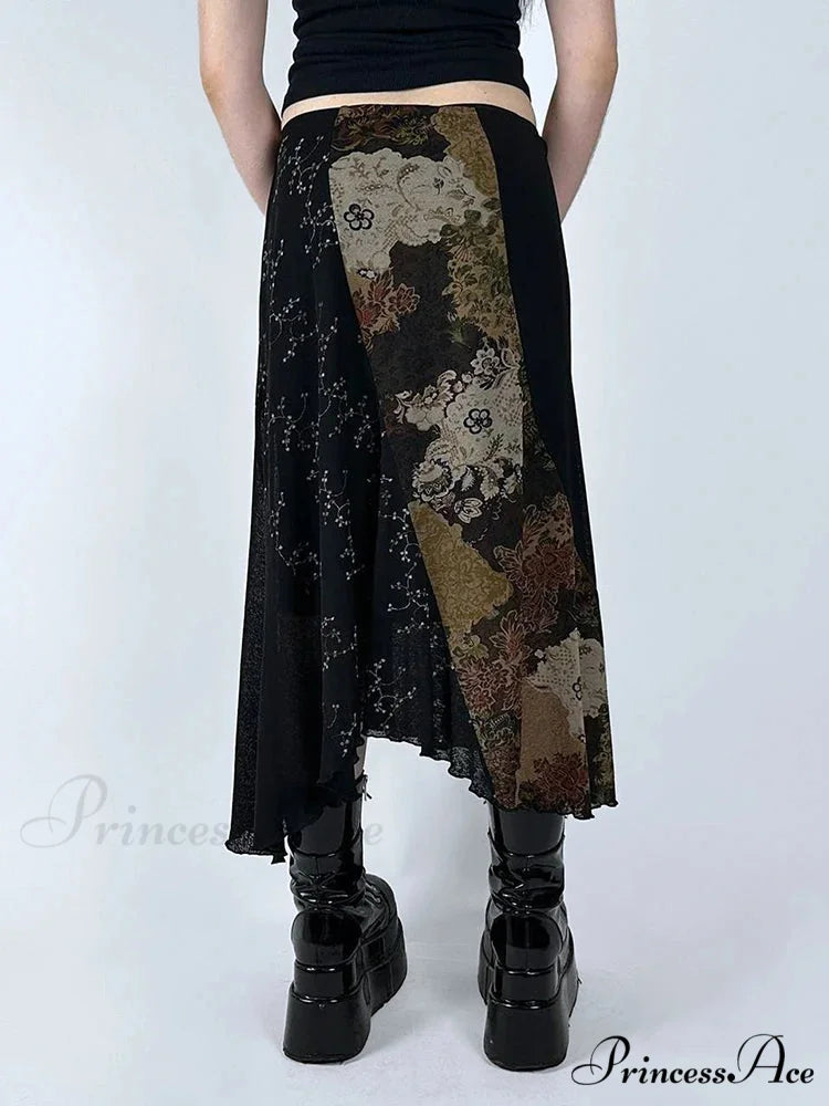 Retro Patchwork Floral Mesh Skirt Vacation Informal skirt-250126