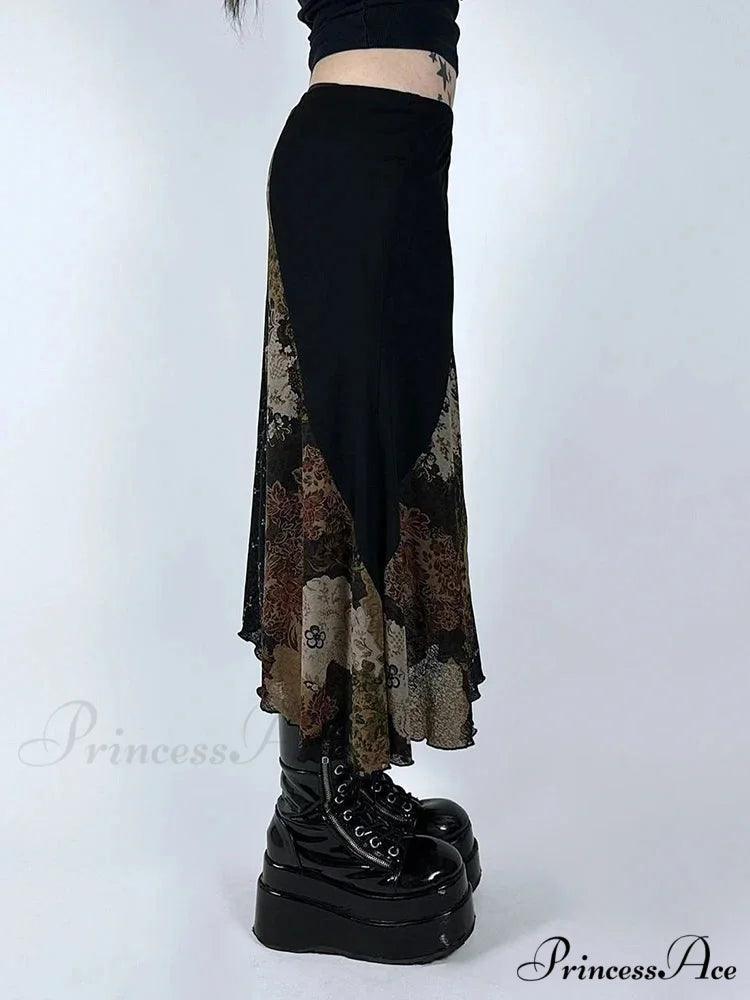Retro Patchwork Floral Mesh Skirt Vacation Informal skirt-250126