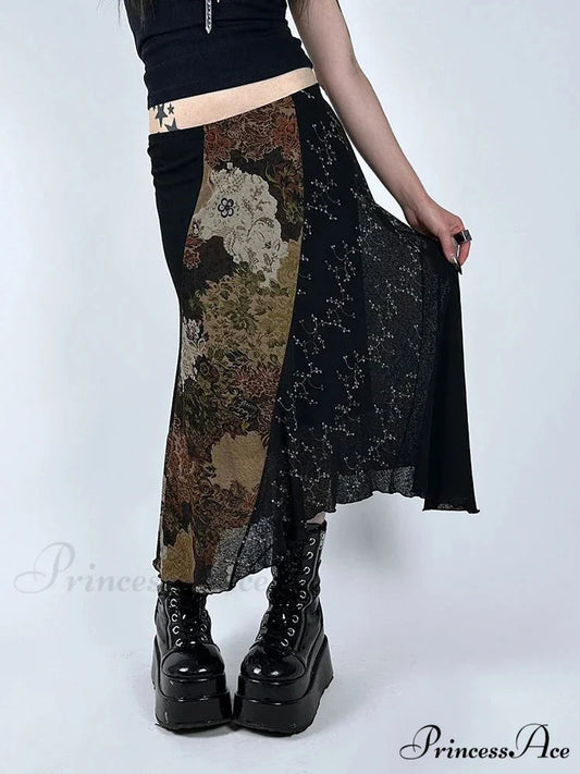 Retro Patchwork Floral Mesh Skirt Vacation Informal skirt-250126