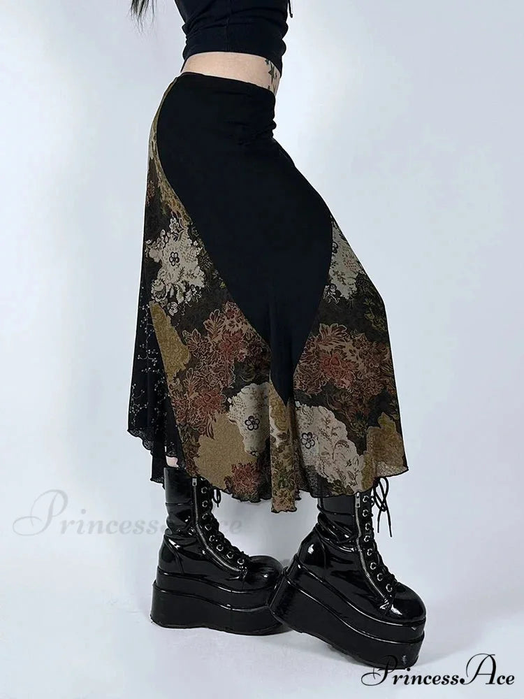 Retro Patchwork Floral Mesh Skirt Vacation Informal skirt-250126