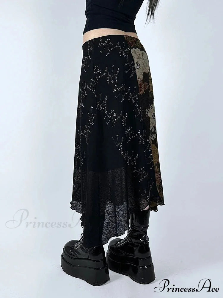 Retro Patchwork Floral Mesh Skirt Vacation Informal skirt-250126