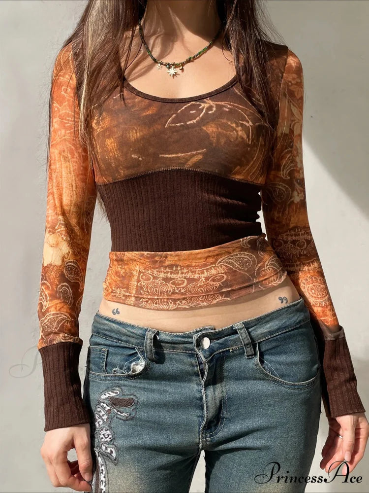 Retro Patchwork Mesh Transparent Slim Square Neck Long Sleeve Knit Top Brown / S knittop-250126