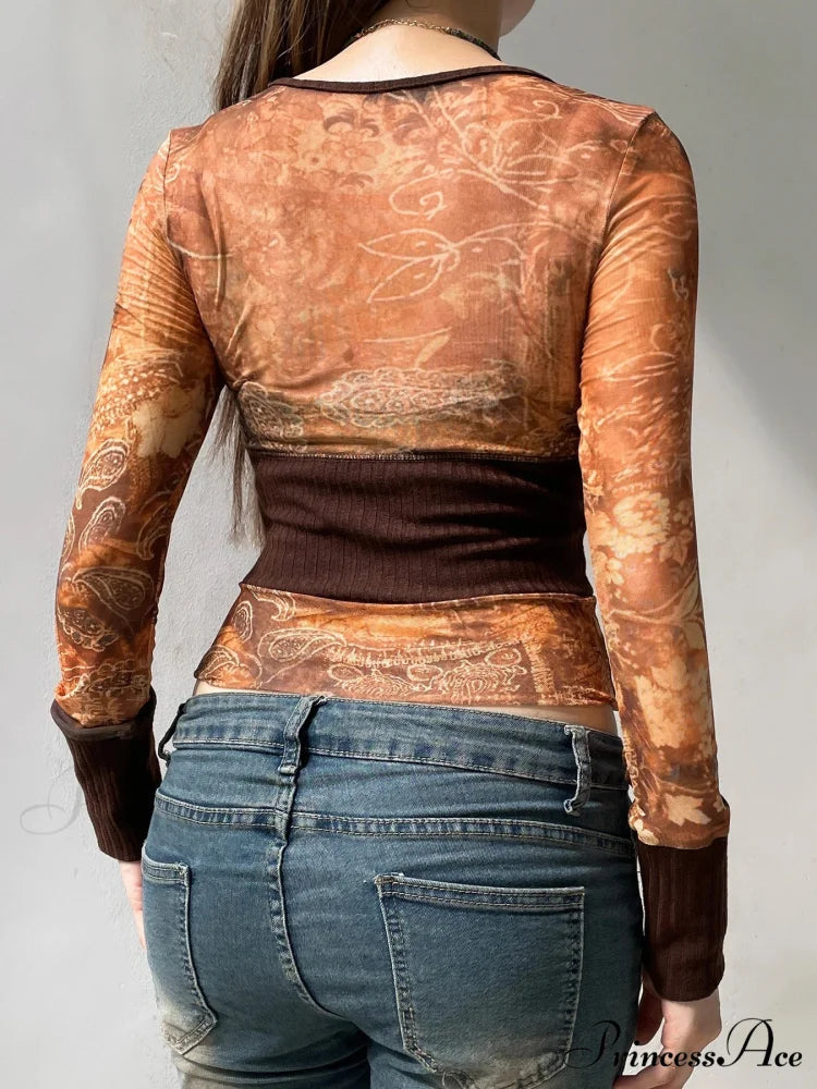 Retro Patchwork Mesh Transparent Slim Square Neck Long Sleeve Knit Top knittop-250126