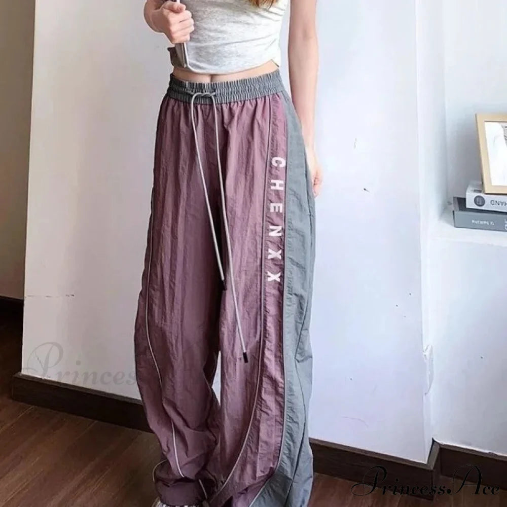 Retro Patchwork Stretchy Waist Trousers PURPLE / S pants-241228