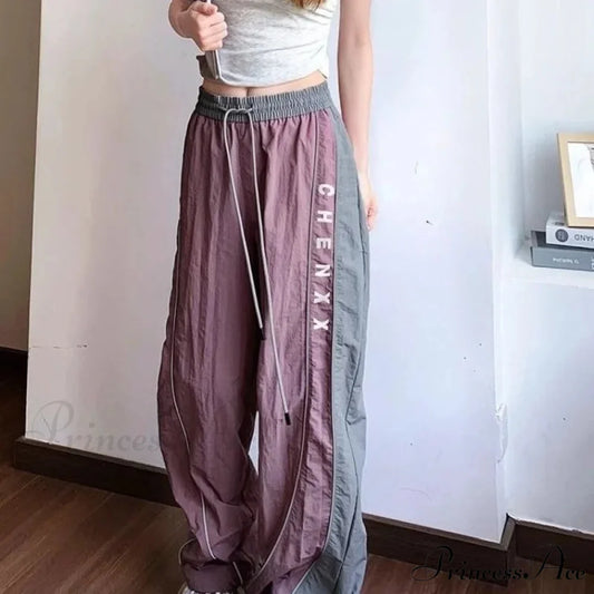 Retro Patchwork Stretchy Waist Trousers PURPLE / S pants-241228