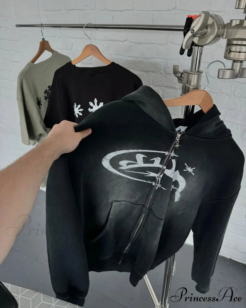 Retro Print Zip Up Hoodie hoodies-241228