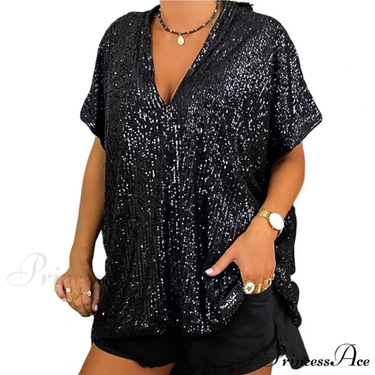 Retro Printed 3D Cutting Loose Shiny Sequins Blouse Black / M