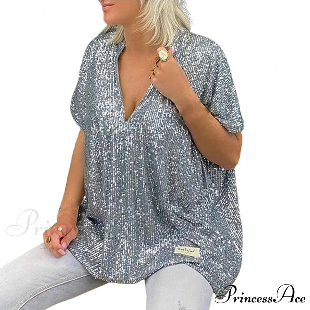 Retro Printed 3D Cutting Loose Shiny Sequins Blouse Grey / M