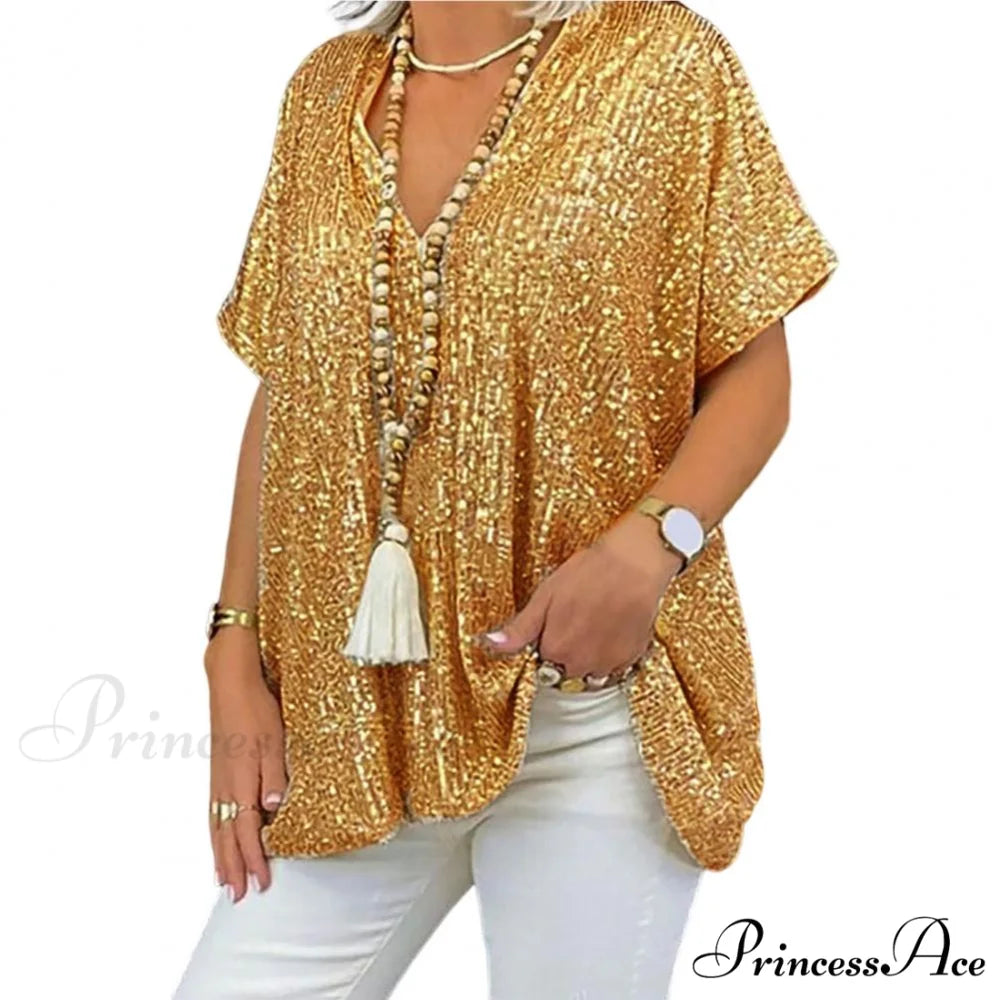 Retro Printed 3D Cutting Loose Shiny Sequins Blouse Light Yellow / M