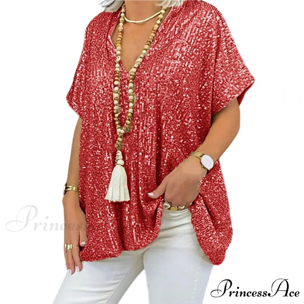 Retro Printed 3D Cutting Loose Shiny Sequins Blouse Red / M