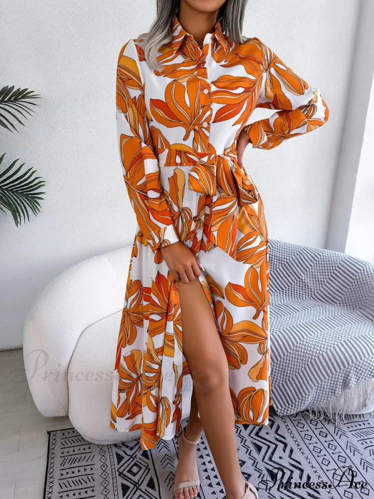 Retro Printed Blouse Long Flowered Gown Orange / S oldfloraldress-250126