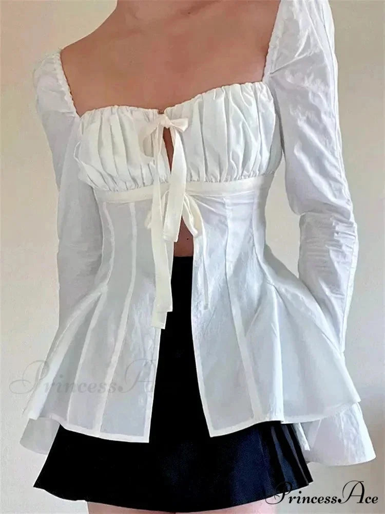 Retro Puff Sleeve Bind Square Neck Blouse WHITE / S blouse-250126