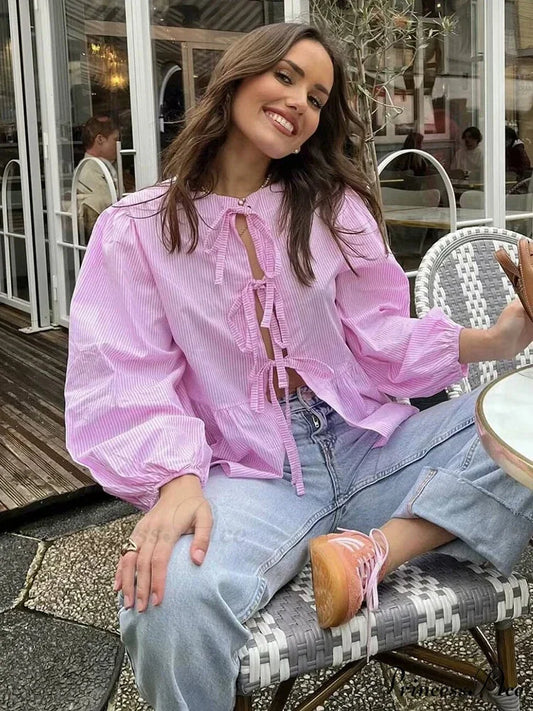 Retro Puff Sleeve Ribbon Button Blouse blouse-250223