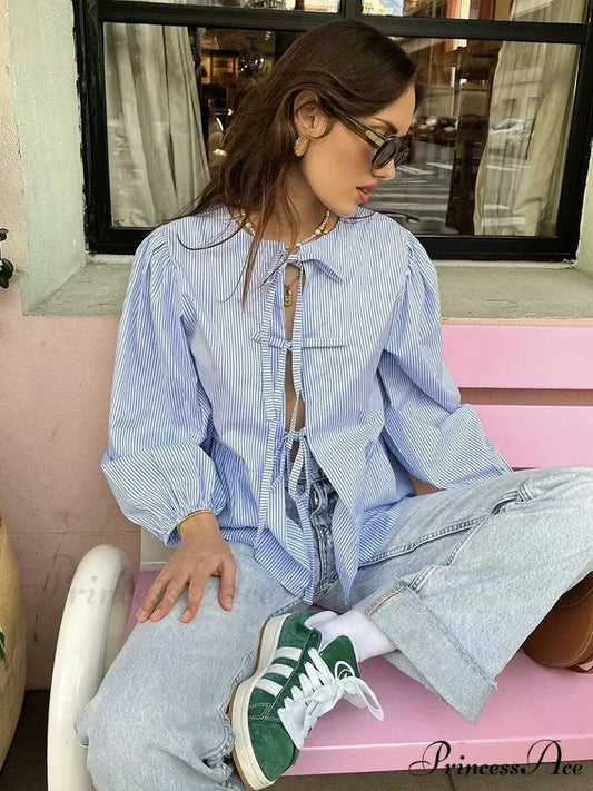 Retro Puff Sleeve Ribbon Button Blouse BLUE / S blouse-250223