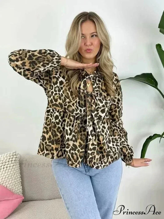 Retro Puff Sleeve Ribbon Button Blouse LEOPARD / S blouse-250223