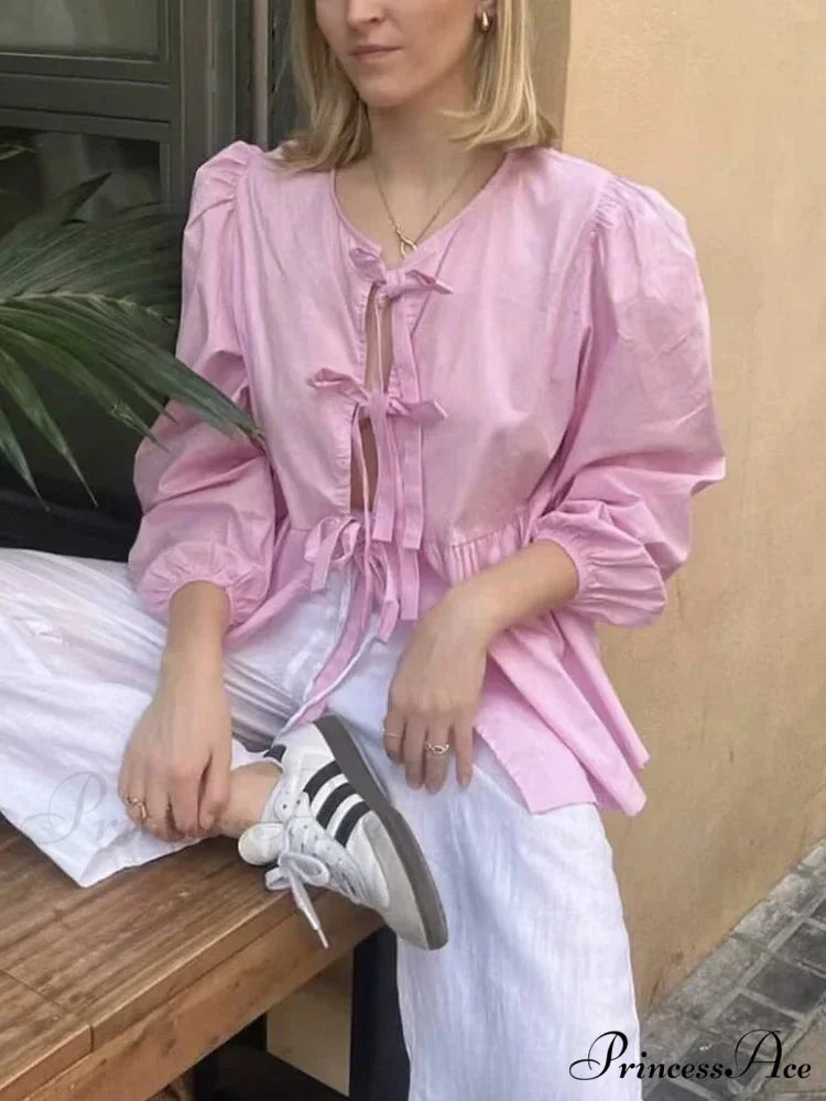 Retro Puff Sleeve Ribbon Button Blouse Pink / S blouse-250223