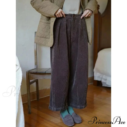 Retro Ribbed Loose-Fitting Trousers Cold Season pants-241228