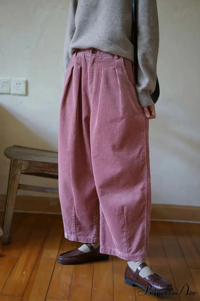 Retro Ribbed Loose-Fitting Trousers Cold Season Pink / M pants-241228