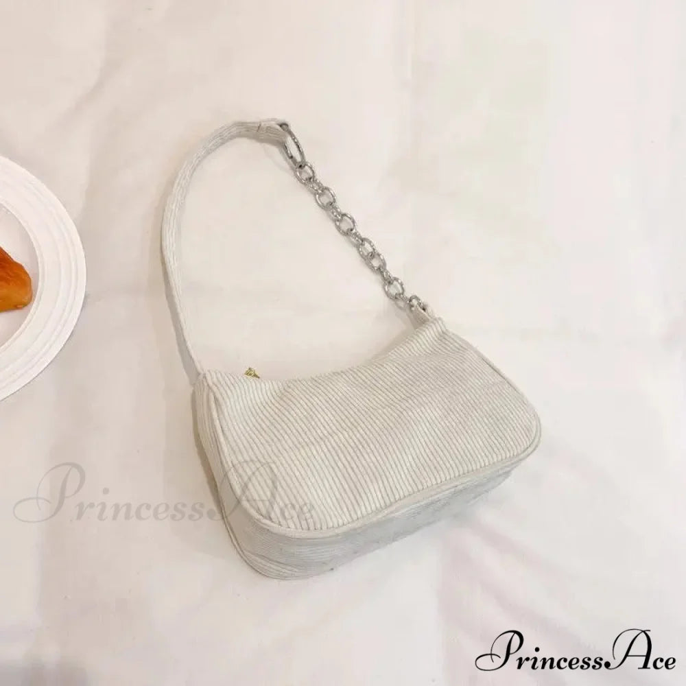 Retro Ribbed Underarm Shoulder Bag White shoulder-250126