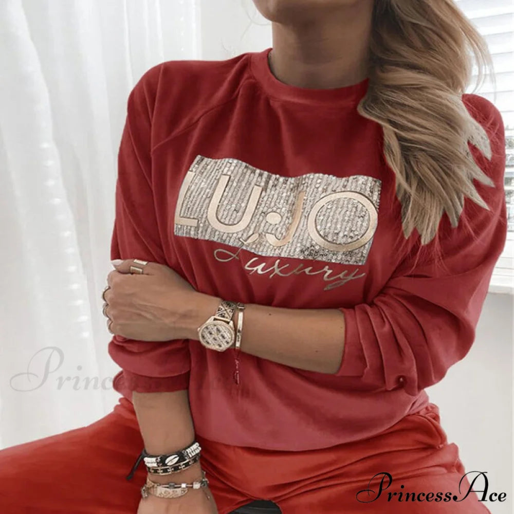 Retro Round Neck Velvet Letter Print Sequin Sweatshirt Red / S