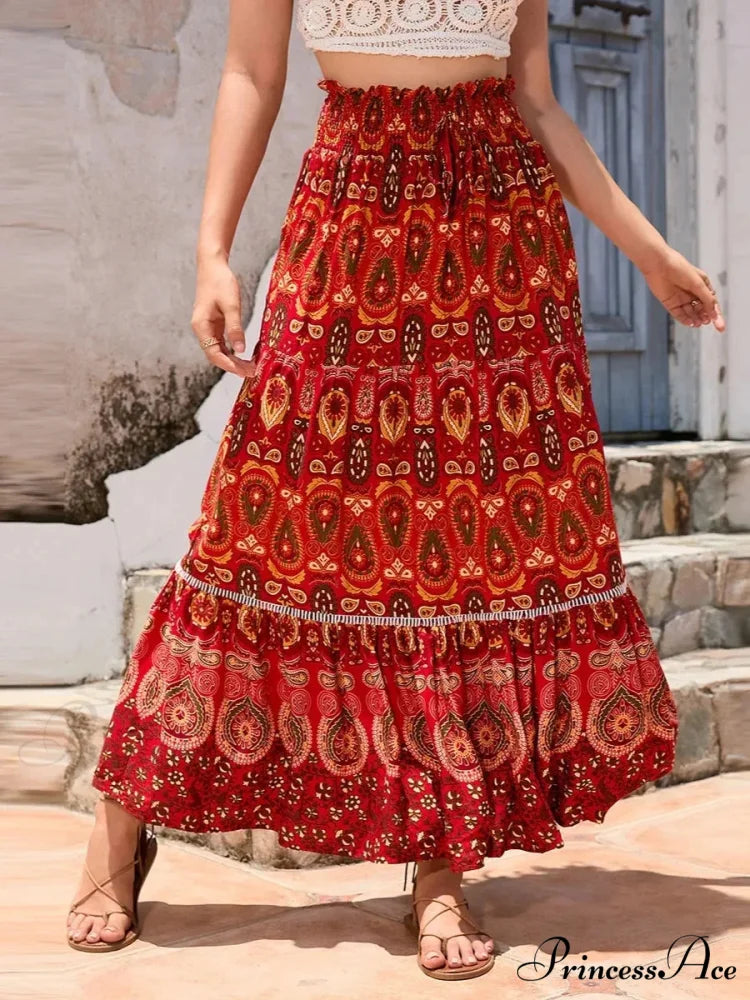 Retro Seaside Bohemian Flower Pattern Stretchy Waist A-Line Skirt Red / S skirt-250126