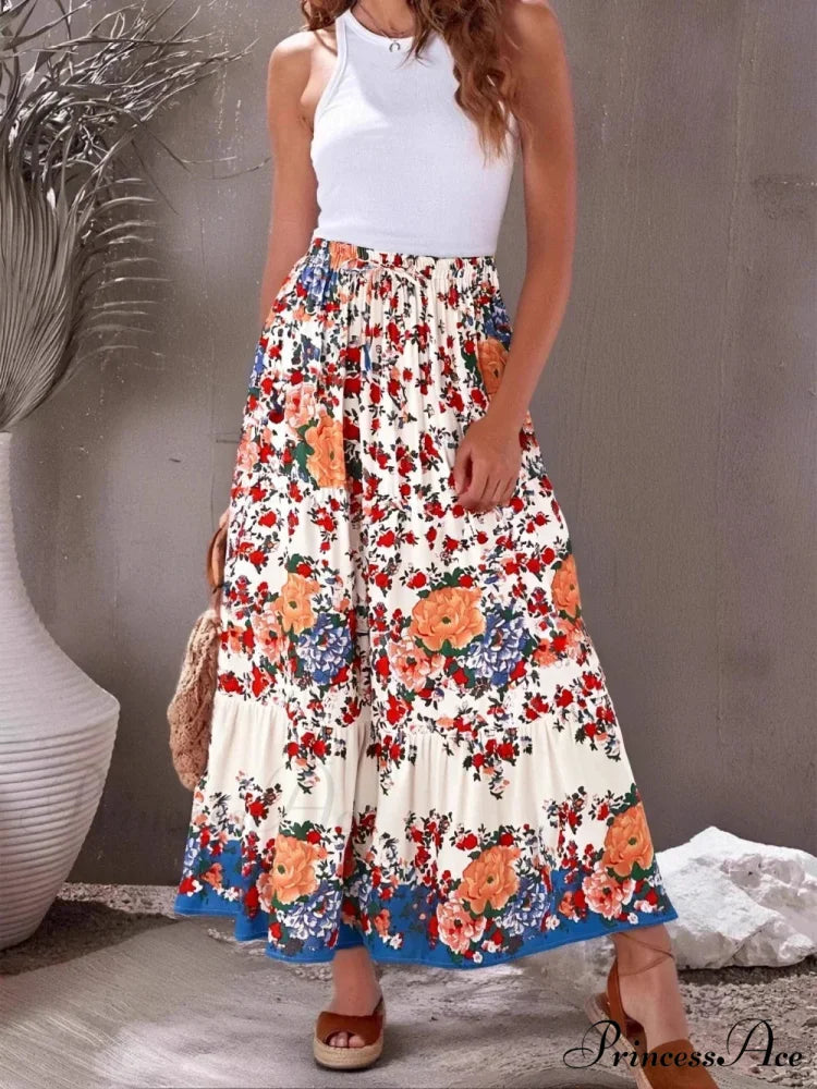 Retro Seaside Floral Free-Spirited High Waist Boho Maxi Skirt Woman Beige / S skirt-250126