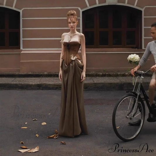 Retro Seductive Boned Waist Bandeau Prom Dress brown / XS promdress-250223
