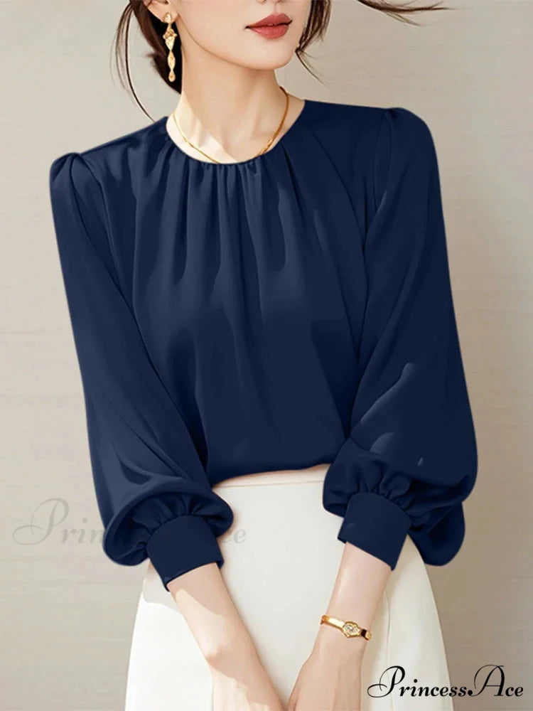 Retro Silk Ruching Top Informal Workplace Top Dark Blue / S blouse-250126