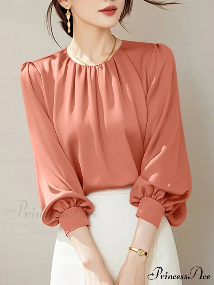 Retro Silk Ruching Top Informal Workplace Top Pink / S blouse-250126