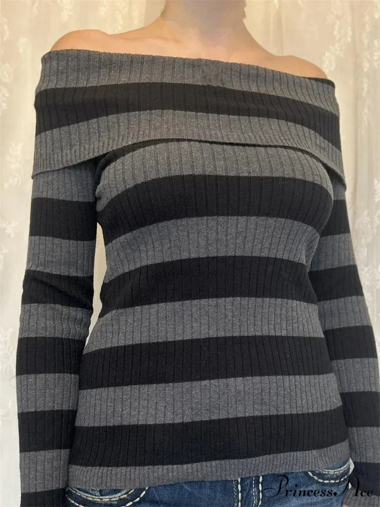 Retro Slash Neck Off Shoulder RibbedLong Sleeve T-shirts