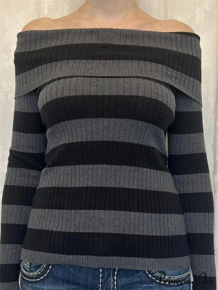 Retro Slash Neck Off Shoulder RibbedLong Sleeve T-shirts BLACK / S