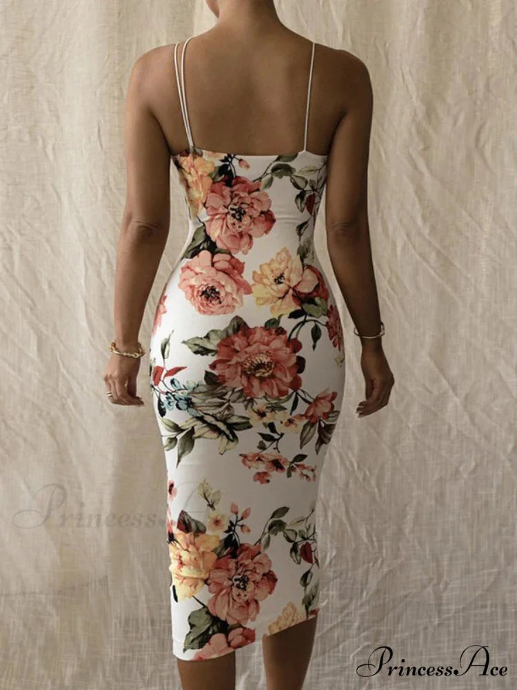 Retro Sleek Bodycon Spaghetti Strap Maxi Floral Dress floraldress-250126