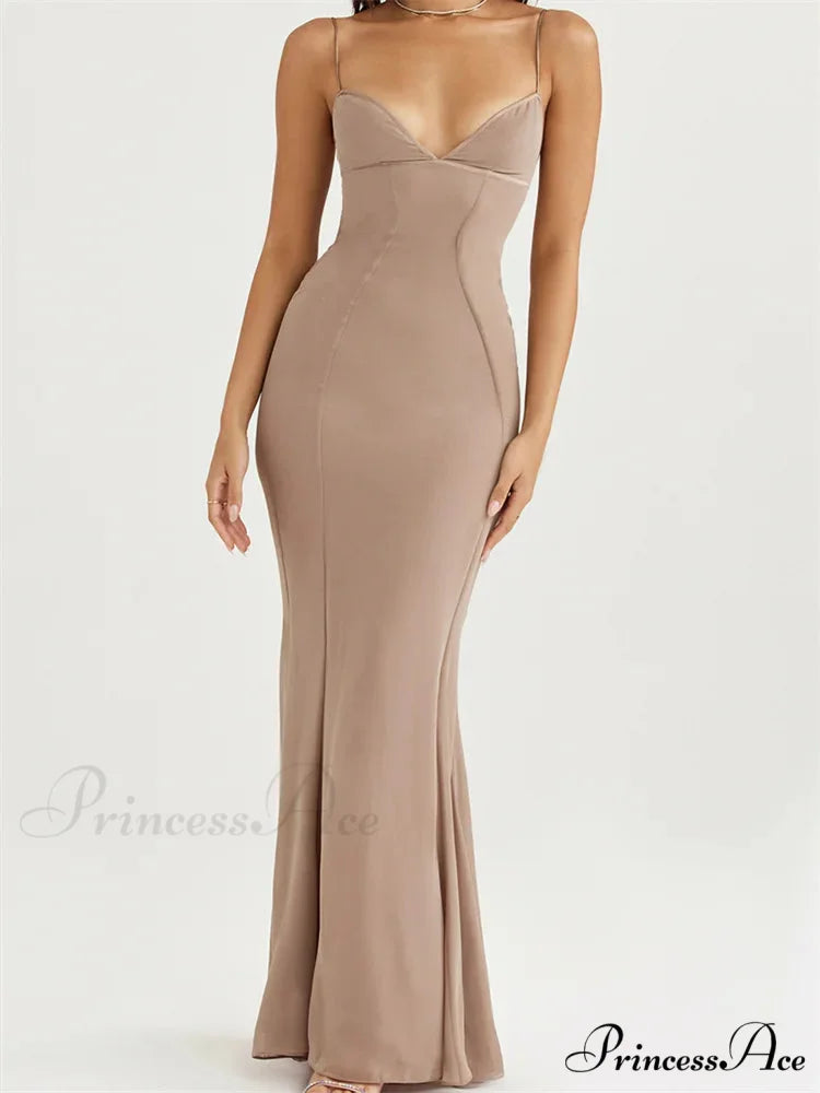 Retro Slim Fit for Women Sleeveless Strap Bodycon Backless V-neck Formal Club Night Summer Vestidos BEIGE / S