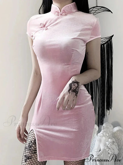 Retro Split Button Bodycon Cheongsam Mini Elegant Gothic Velvet Solid Black Red Pink Dress Pink / S