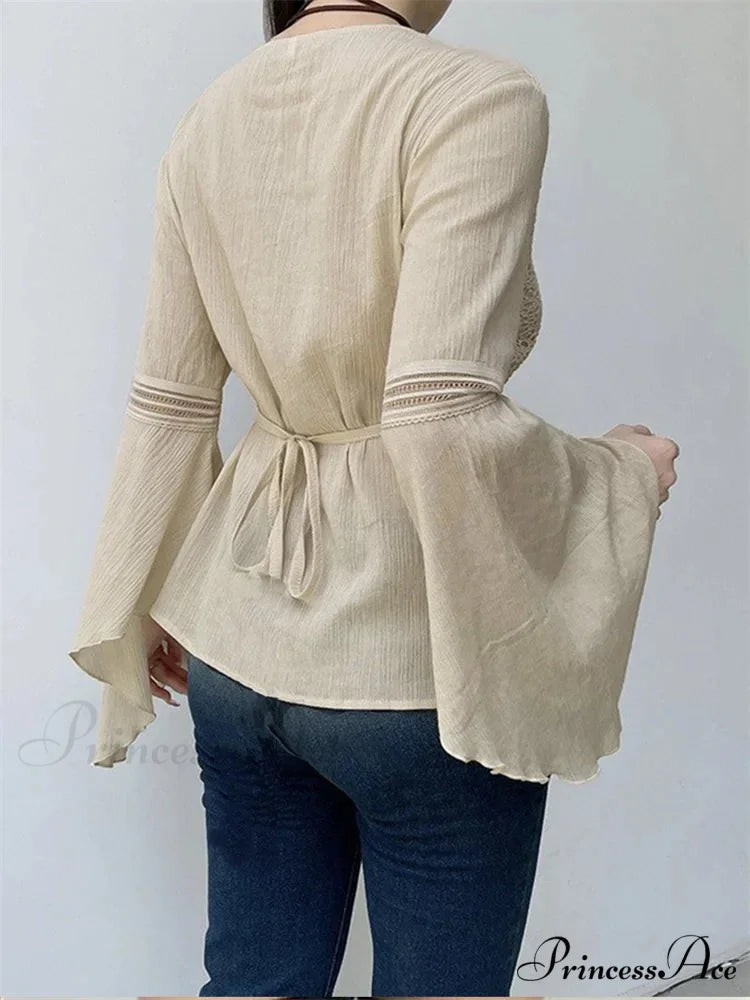 Retro Spring Autumn y2k Fairycore V-neck Long Flare Sleeve T-shirts