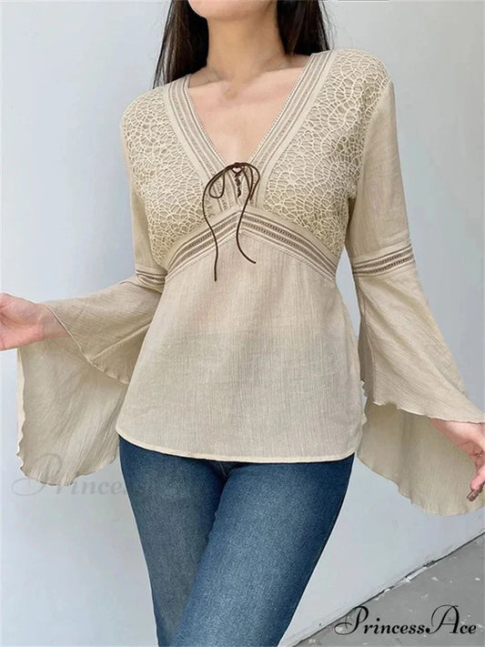 Retro Spring Autumn y2k Fairycore V-neck Long Flare Sleeve T-shirts