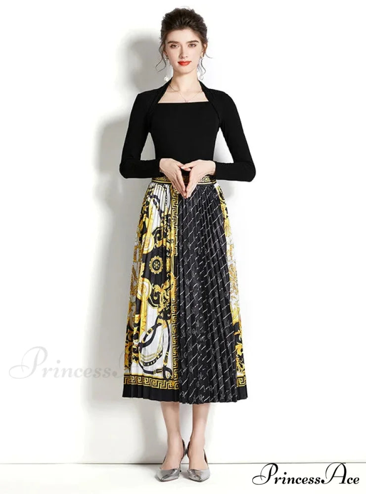 Retro Square Neck Long Sleeve Top with Printed Pleated Skirt Suit L / green