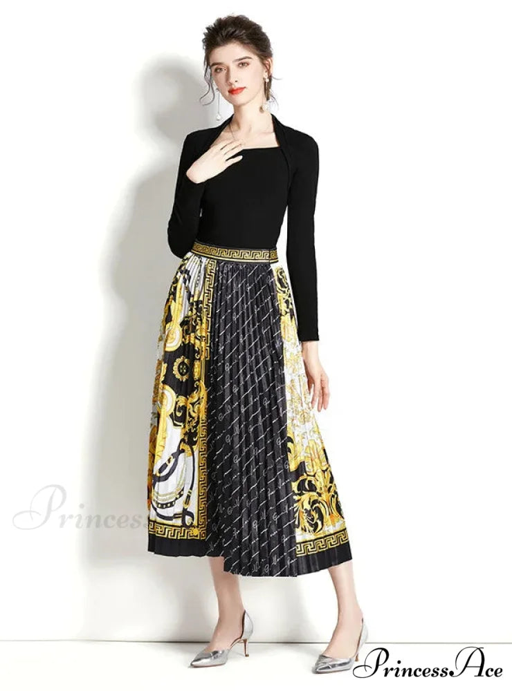 Retro Square Neck Long Sleeve Top with Printed Pleated Skirt Suit L / yellow