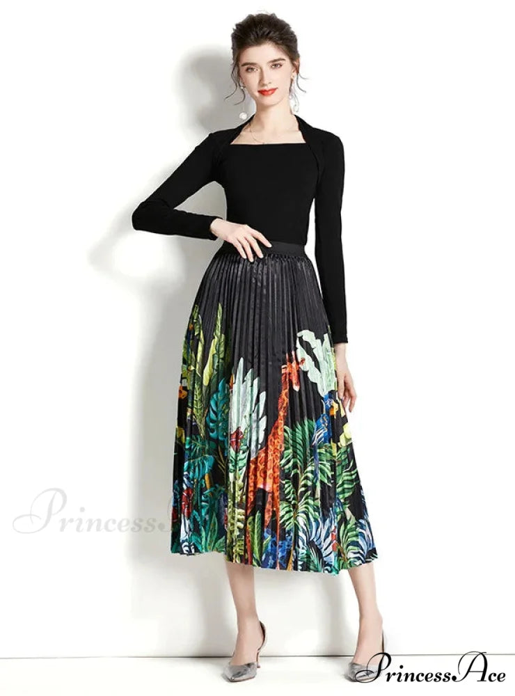 Retro Square Neck Long Sleeve Top with Printed Pleated Skirt Suit M / green