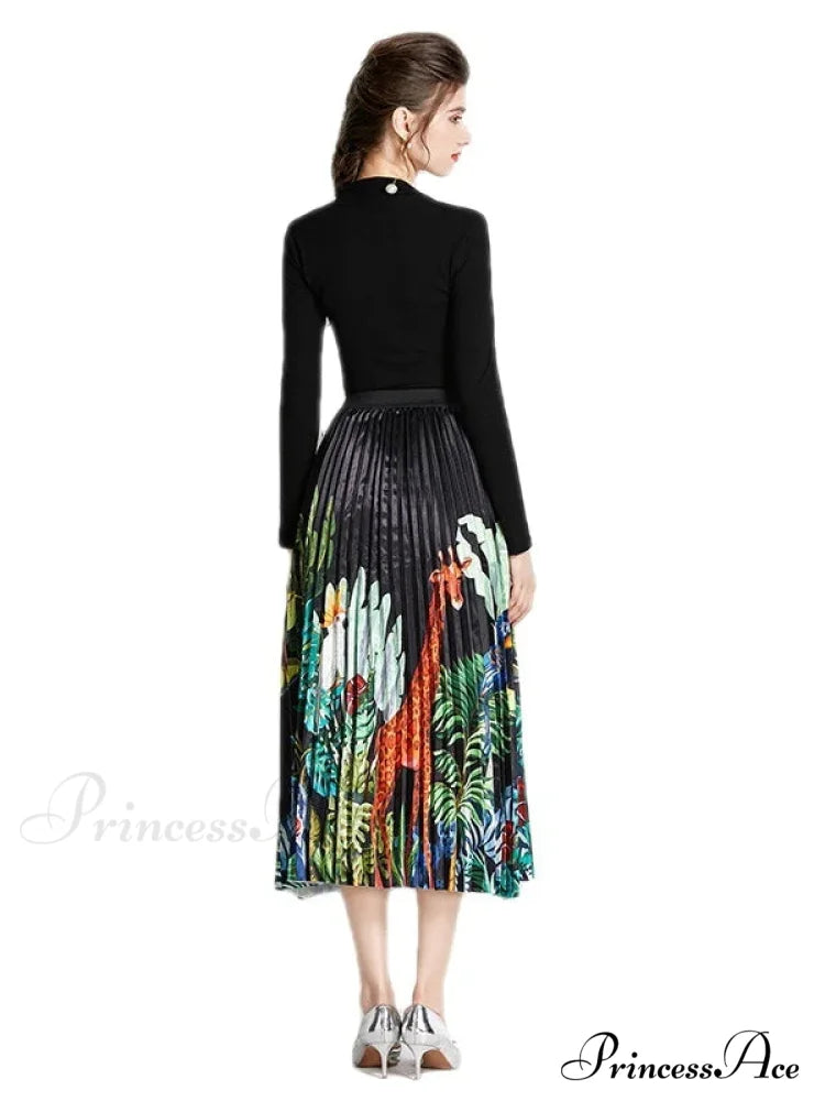 Retro Square Neck Long Sleeve Top with Printed Pleated Skirt Suit M / yellow